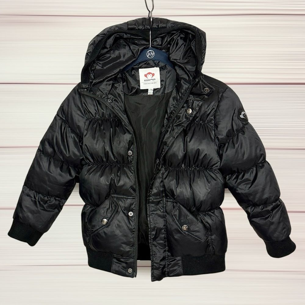 Appaman Boy's Down Jacket Puffer Black Hooded Zip and Snaps Front Pockets Size 7